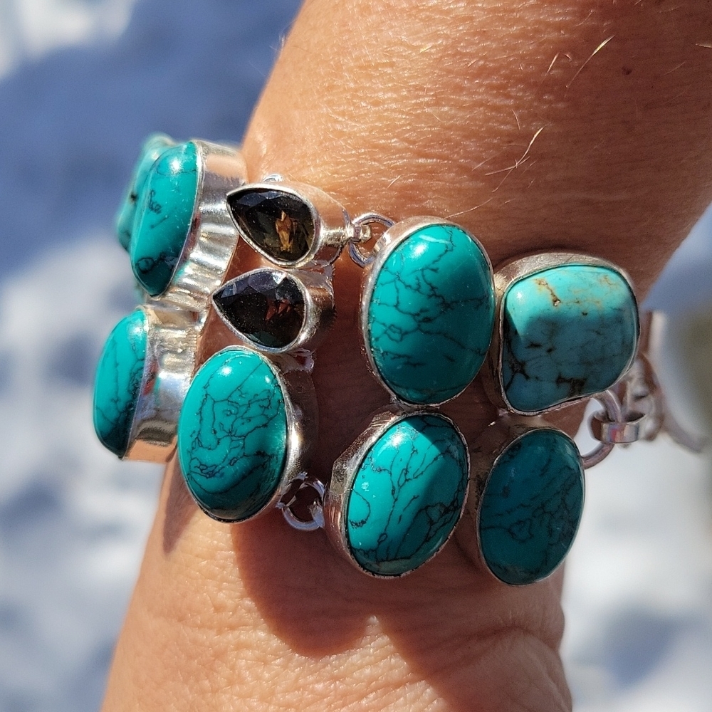 Turquoise Howlite Chocolate Quartz Natural Gemstone S925 Bracelet - Picture 6 of 10